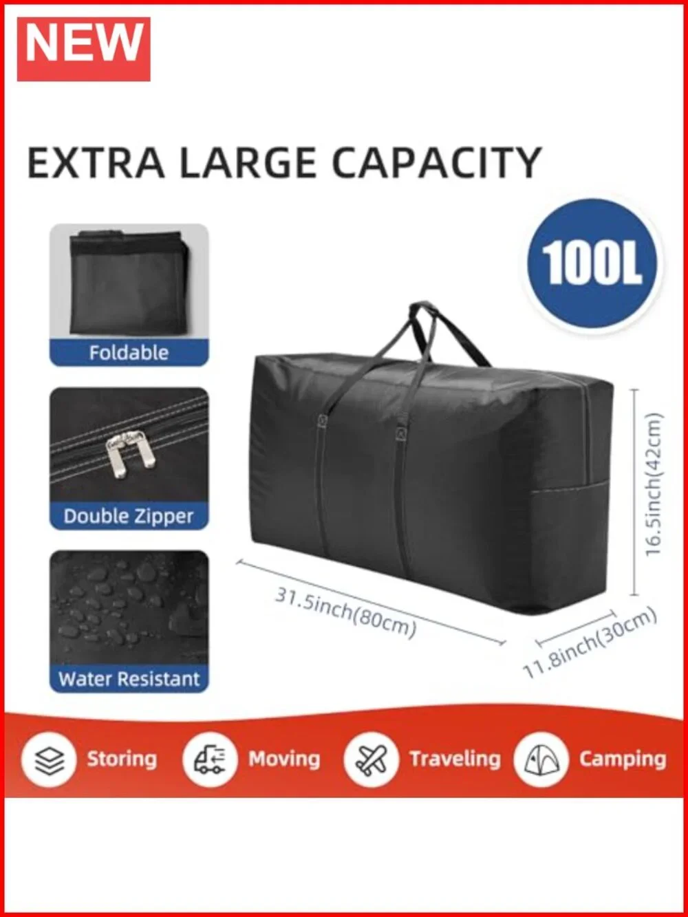 Extra Large Travel Duffel Bag, 100L Waterproof, Durable Zippers, Heavy Duty